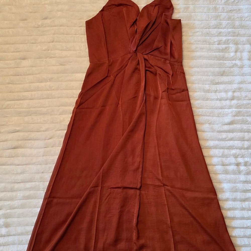 Hayden Strapless Twist-Front Maxi Dress in Rust